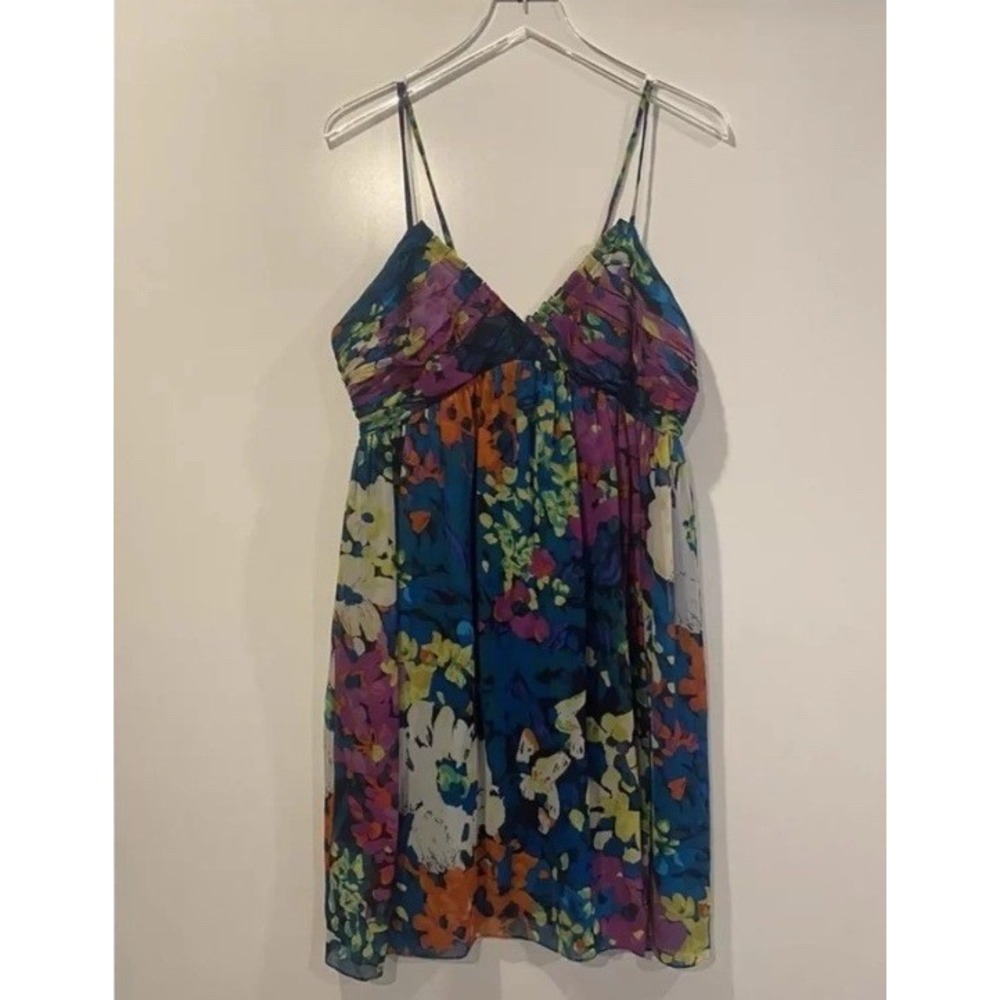 Morgan McFeeters 100% Silk Floral Mini Dress Multi-Color V-Neck Size 12